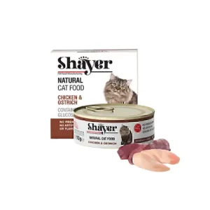 کنسرو غذای گربه با طعم مرغ و شترمرغ در سس گوشت شایر وزن 110 گرم